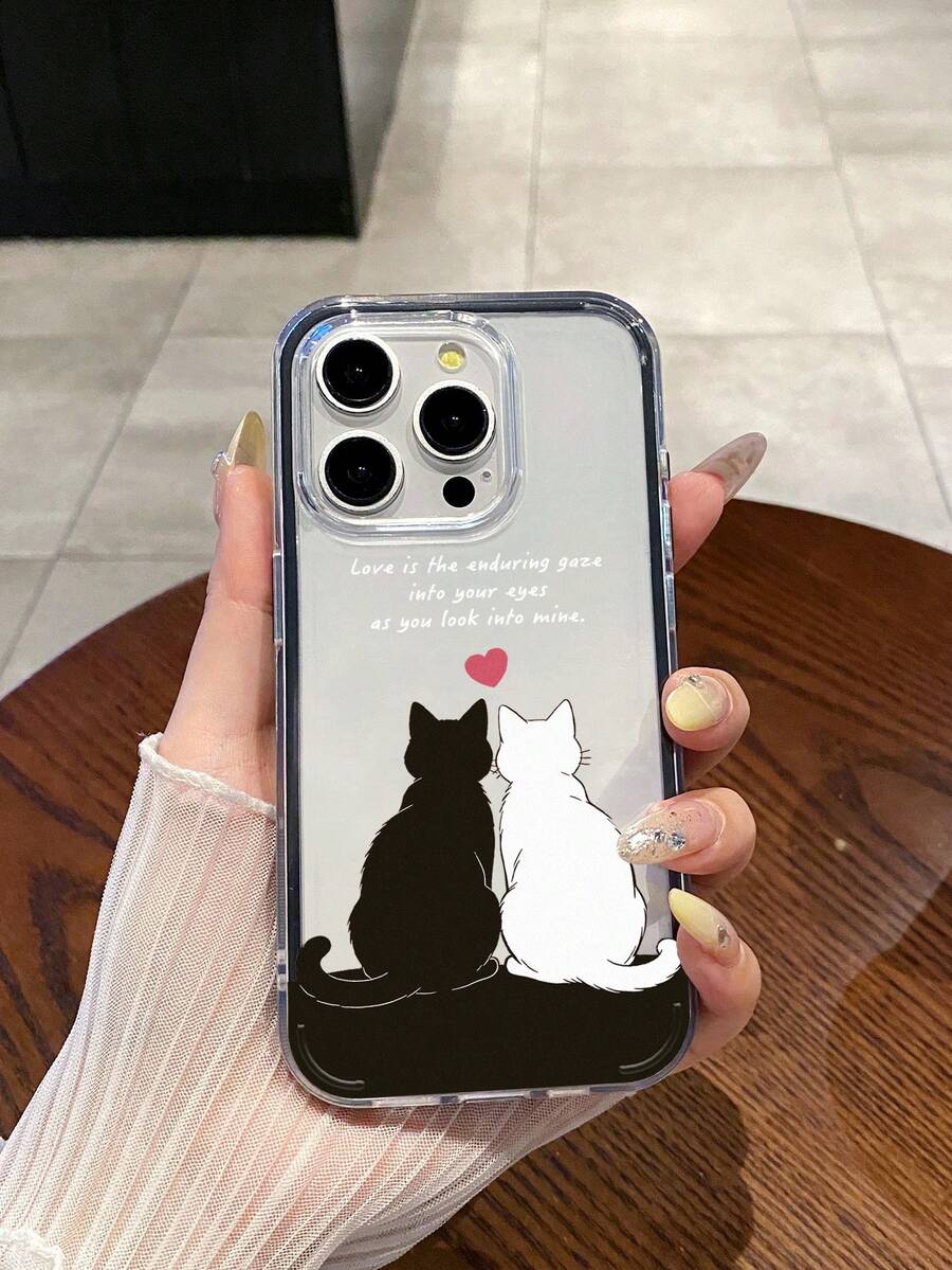 1pc Black & White Couple Cat Transparent Phone Case, Romantic Slogan Black Soft Edge Shockproof Protective Cover, Suitable For Pet Lovers/Valentine's Gift, Compatible With IPhone Cases - Clear - View 1