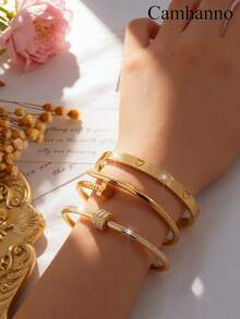 Camhanno 3件套优雅不锈钢手链套装，18k镀金百搭手链，适合日常佩戴，女士适用 - 彩色 - 查看 5