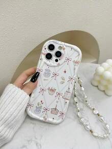 Flower Bow Cream Swirl Wave Edge Glossy Painted Anti-Drop Phone Case With Beaded Bracelet Accessory, Compatible With IPhone, Galaxy, Redmi - Multicolor - View 7
