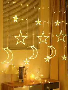 Einstellbare Mond & Stern LED Vorhanglichter - Warme/bunte Lichterkette, Märchenstil, geeignet für Weihnachten, Valentinstag, Hochzeit, Ramadan, Gartendekoration - Warmes Licht - Übersicht 8