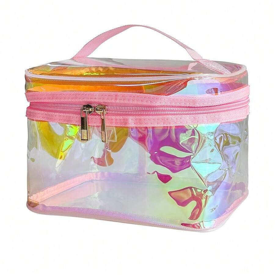 Waterproof Holographic Red PVC Makeup Bag With Handle - 8.66 * 5.51 * 5.51 Inch Travel Cosmetic Organizer For Women Men Toiletry Pouch (Holographic Red-L) - 全像紅-L - 查看 1