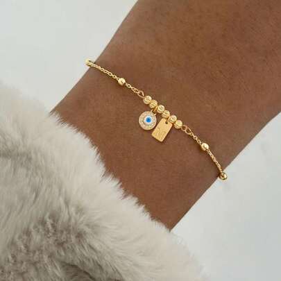 1pc Fashion Rectangle Initial Eye Pendant Golden Stainless Steel Bead Chain Bracelets For Women