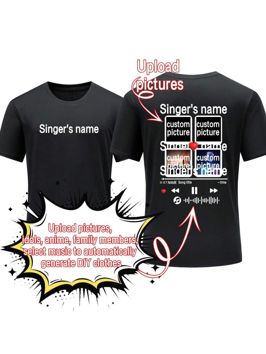 A Custom-Made Men's T-Shirt Top With Customized Text, Patterns And Music Barcode. You Can Scan And Play The Music Using The Mobile Music Software App. Suitable For Daily Wear As A Summer T-Shirt Or As A Gift. Valentine's Day - Black - View 1