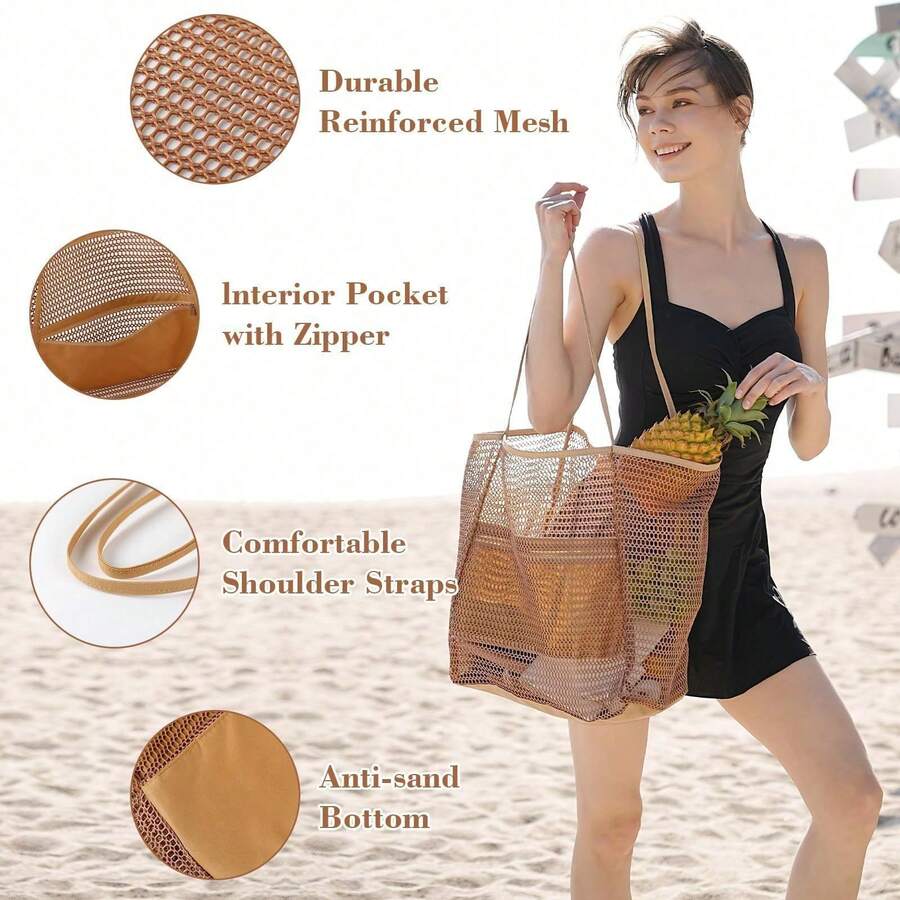 Folding Beach Bag Mesh Mesh Handbag Women's Shoulder Bag Summer Outdoor Travel Essential Play Bag - Trắng. - Xem 1