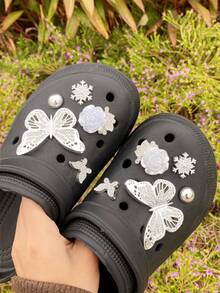 10pcs Cute Silver Rhinestone Butterfly, Snowflake, Rose Flower, Small Butterfly Hollow Shoe Decorations DIY Accessories - Fun, Versatile Personalized Shoe Embellishments, Perfect Gifts For Holidays, Parties And Special Occasions - Silver - View 2