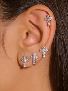 2 Pairs Sparkling Crystal Stud Earrings, Suitable For Women To Wear To Parties - Silver - View 3