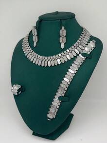 四件套奢华珠宝套装：项链、耳环、戒指、手链，镶嵌立方氧化锆，新娘珠宝套装，情人节礼物，精美项链套装 - 白色 - 查看 5