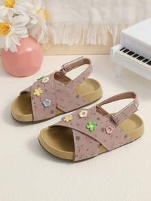 1 Pair Latest Summer Kids Floral Embroidery Cross Strap Hook And Loop Sandals - Purple Design. Perfect For Daily Outings, Mall Shopping, Summer Vacations, Park Walks And Beach Trips. Casual, Fashionable, Comfortable. - Dusty Purple - View 1