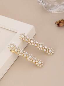 1 Pair Floral Pearl Hair Clips, Shiny Zinc Alloy Side Bangs, Duck Clip, Hairpin For Hair Decoration, Head Accessories, Hair Accessories For Women, Claw Clips, Hair Slide, Hair Barrettes - Multicolor - View 2