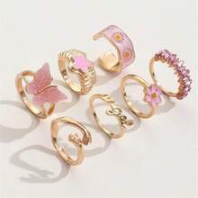 7Pcs/Set Pink Y2K Butterfly Flower Rings - Cute Enamel Chunky Statement Rings For Women Daily Party Stackable Jewelry - 粉紅色戒指6618 - 查看 4
