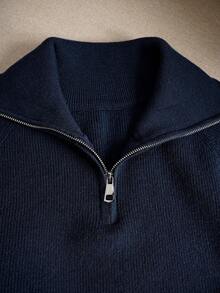 女士短款拉链高领毛衣，加厚套头针织衫，秋冬季休闲保暖款 - 藏蓝色 - 查看 7