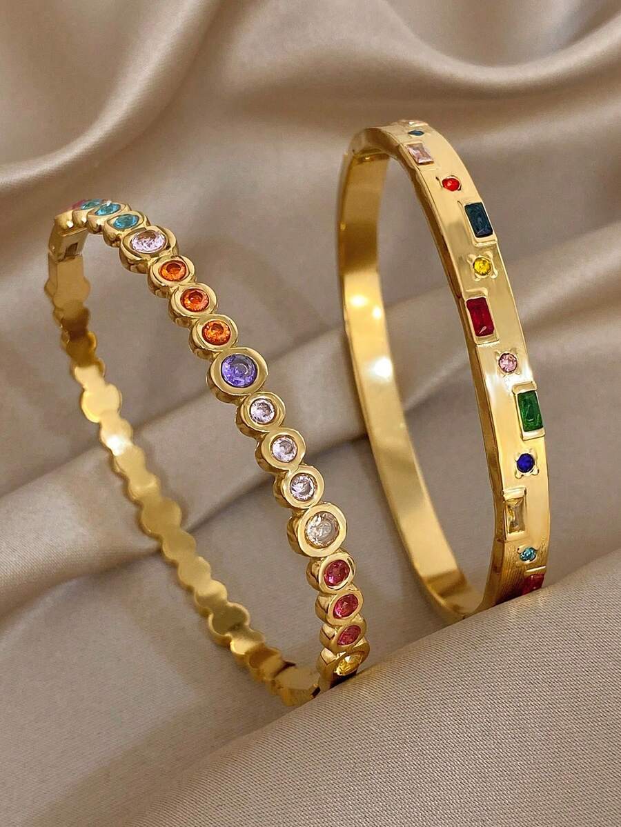 18K镀金不锈钢复古奢华多宝石手链套装，优雅彩虹珠宝，适合女性，母亲节礼物，派对、正式场合、日常佩戴、约会、嘉年华、新年、婚礼、海滩、圣诞节、周年纪念日、波西米亚风珠宝、伴娘礼物 - 彩色 - 查看 1