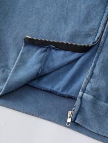 Washed Men's Airplane Print Zip-Up Hooded Casual Sweatshirt - Navy Blue - View 5