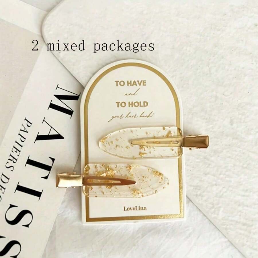 2Pcs No Crease Hair Clips, Elegant Marble Gold Foil Hair Barrettes, Non-Slip Seamless Makeup Clips, Stylish Transparent Resin Hair Pins For Women & Girls - 2 món hỗn hợp - Xem 1