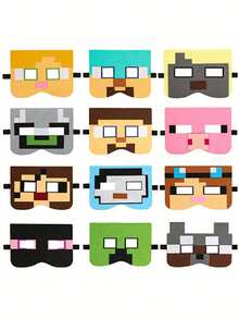 12pcs/Set Minecraft Pixel Battle Game Themed Masks - Steve, Alex, Villager, Passive Characters, Fun Photo Props, Suitable For Holidays, Halloween, Christmas, Family Gatherings, Birthday Parties, Cosplay Decoration