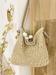 Women's Shoulder Bag, Crocheted Straw Woven Beach Style - Beige - View 5