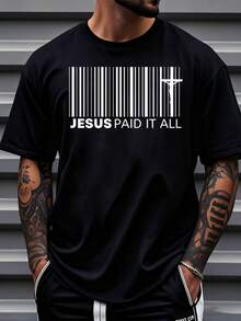 Men Jesus Paid It All Barcode Christian T-Shirt Religious Faith Statement Tee Church Wear Gospel Message Shirt Spiritual Gift For Him,220g - Black - View 2