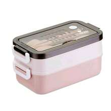 1pc Plastic Double-Layer Lunch Box With Utensils, Microwave , Leak-Proof Food Container, Suitable For Classroom, Camping, Picnic, Home Kitchen, Christmas Gift, School Supplies - Multicolor - View 6