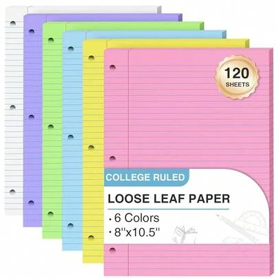 120 Sheets Loose Leaf Paper 8 X 10.5, 6 Colors Lined Paper College Ruled, 3-Hole Punched Notebook Paper 8 X 10.5, 3-Ring Binder Paper 20 Sheets/Pack, Colored Filler Paper For Office, Schoolsss, Home