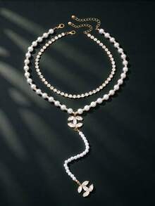 2件套优雅水晶仿珍珠叠层项链套装，闪亮锆石CC吊坠Y型项链，时尚珠宝礼品套装，适合日常佩戴、约会、派对等场合。 - Y字珍珠奢華項鍊 - 查看 4