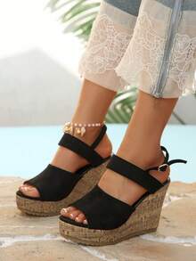 新款韩版厚底坡跟凉鞋，夏季高跟厚底凉鞋，树皮纹理装饰，厚底露趾百搭凉鞋 - 黑色 - 查看 5