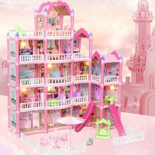 Pink Princess Villa Toy Set, DIY Assembly Castle Model, Girls Role Play Dollhouse Scenario. Set Includes Dollhouse Rooms, Balcony, LED Light Decor. Multi-Layer Design Combines Various Styles, Freely Combine Furniture Accessories. Suitable For Girls 3+ Years Old, Birthday & Holiday Gift - Multicolor - View 1