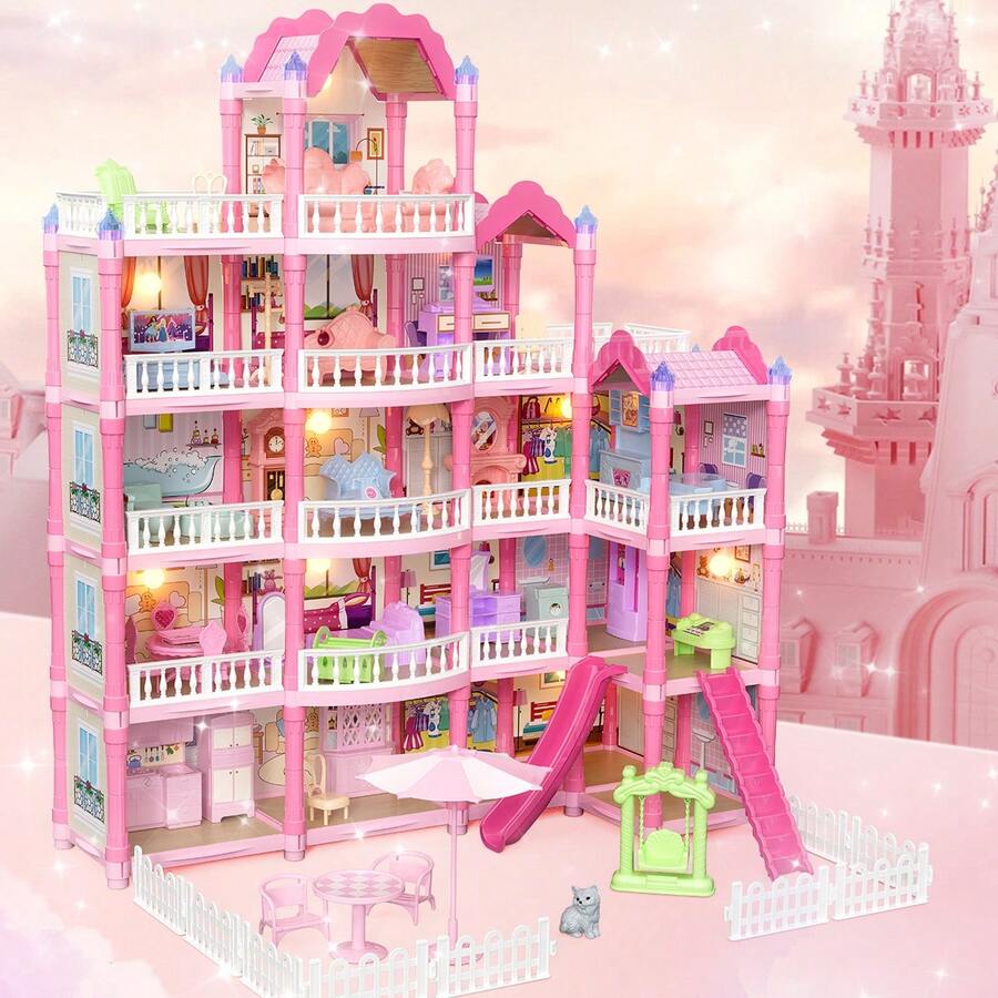 Pink Princess Villa Toy Set, DIY Assembly Castle Model, Girls Role Play Dollhouse Scenario. Set Includes Dollhouse Rooms, Balcony, LED Light Decor. Multi-Layer Design Combines Various Styles, Freely Combine Furniture Accessories. Suitable For Girls 3+ Years Old, Birthday & Holiday Gift - Multicolor - View 1