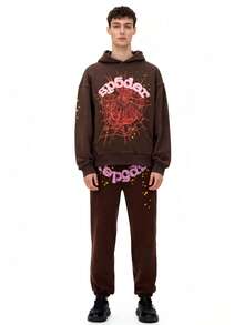 Men's Hip Hop Spider Web Pattern Graphic Alphabet Print Harajuku Vintage Hoodie Long Sleeve Street Wear Top For Both Men And Women Oversized Hoodies,Christmas Gifts For Bf,Essential Hoodies - Brown - View 2