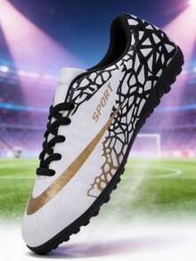 All-Season Sports Competition Football Shoes, For Teenagers And Students, Football Training Shoes, Football Match Shoes, Soft Spikes, Comfortable (Shoelaces In Black & White, Asymmetrical Camouflage Pattern On Uppers) - White - View 6