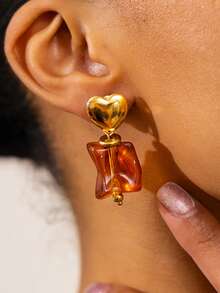 1 Pair 18K Gold Plated 316L Stainless Steel Heart Top With Brown Amber Resin Irregular Drop Dangling Earrings For Women, Old Money Style, Anti - Fade Hypoallergenic Fashion Jewelry Gift - Gold - View 2