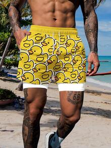 Men's Summer Duck Print Double-Layer Beach Shorts, Vacation Style - Multicolor - View 1