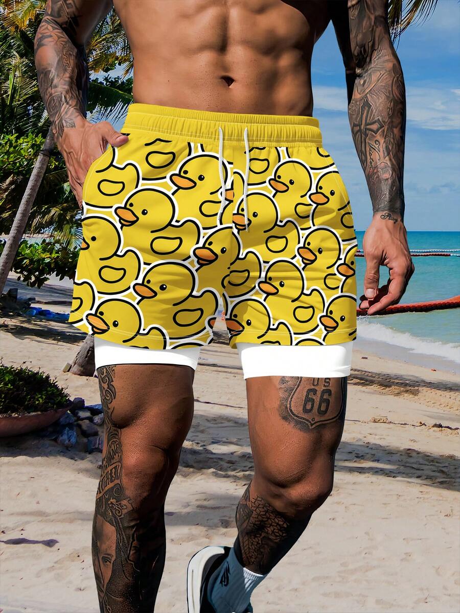 Men's Summer Duck Print Double-Layer Beach Shorts, Vacation Style - Multicolor - View 1