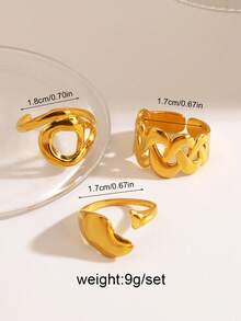 Conjunto de 3 anéis vazados geométricos assimétricos em aço inoxidável, ideais para uso diário feminino. - Multicolorido - Ver 3