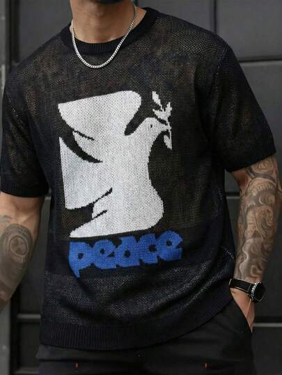 New Vintage Peace Graphic Short Sleeve Knit Sweater, Loose Fit Streetwear Casual Top, Black/Grey/White/Blue Color Block, Spring/Summer