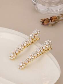 1 Pair Floral Pearl Hair Clips, Shiny Zinc Alloy Side Bangs, Duck Clip, Hairpin For Hair Decoration, Head Accessories, Hair Accessories For Women, Claw Clips, Hair Slide, Hair Barrettes - Multicolor - View 4