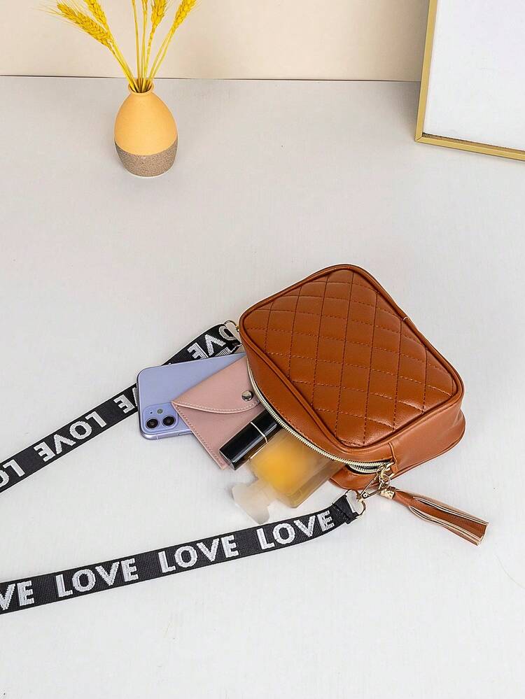 Quilted PU Embroidered Tassel Decor Crossbody Bag - Brown - View 6