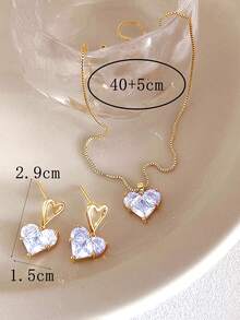 3件套优雅Y2K风格铂金镀层水钻心形耳环项链首饰套装，百搭日常佩戴、约会、派对、送礼亲友、情人节、四季皆宜（无包装盒） - 彩色 - 查看 4