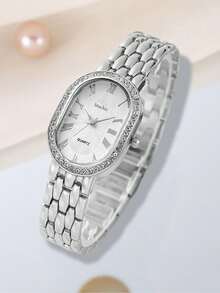 4件套女士银色不锈钢表带时尚休闲经典罗马数字刻度表盘石英表手链首饰套装，适合日常佩戴、装饰、赠送朋友或作为节日礼物。