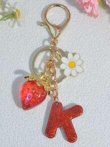 1 pezzo Portachiavi a forma di lettera con fragola rossa, ciondolo floreale carino, portachiavi minimalista per borsa, regalo per donne - Rosso - Visualizzare 17