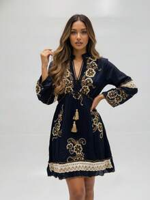 KIARA BRAZIL Short Boho Chic Embroidered Dress With Long Sleeves And Tie Detail - Women's Fashion - PLK-9034 - 黑色 - 查看 2