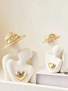 1pc Heart Sculpture Resin Decor, Modern Home Decoration, Bookshelf/Tabletop/Bedside Ornament, Anniversary Gift - White - View 3