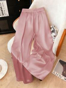 1 pieza Pantalones con cintura de cordón de tela tejida de unicolor, adecuados para vacaciones, regreso a la escuela, fiestas, aeropuerto, escenario y conciertos, otoño/invierno con acabado - Rosa Pálido - Ver 2