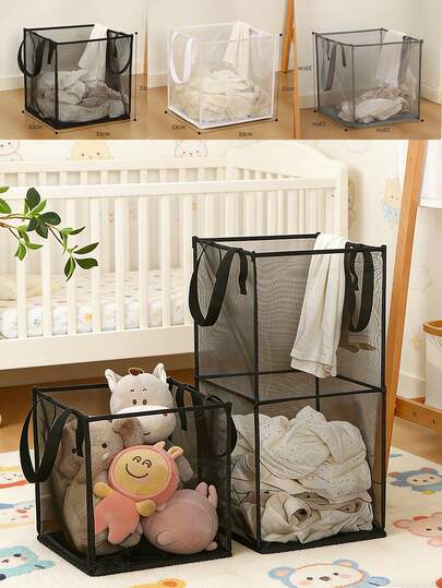 1pc Baby Laundry Basket With Handle, Portable And Collapsible Mesh Dirty Clothes Basket For Washing, Storage, Nursery, Dorm Or Travel (White, Gray, Black, Double Layer)