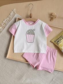 Set de 2 piezas de camiseta de manga corta con estampado de palomitas de maíz + pantalones cortos rosas, informal y dulce para niña bebé, primavera/verano - Rosa - Ver 4