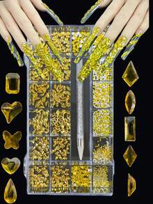 600pcs Assorted Colorful Irregular Rhinestones + 2500pcs Flat Bottom Nail Art Rhinestones, 19 Styles, Suitable For DIY Crafts, 3D Decoration, Flat Gems, Includes Wax Pencil For Nail, Shoes, Clothes, Jewelry, Glass, Great Gift For New Year, Valentine's Day - Yellow - View 4