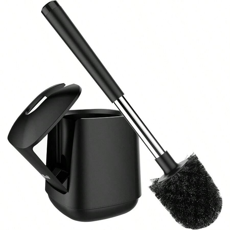 Toilet Brush And Holder, Self Closing Lid Toilet Bowl Brushes Holder And Extra Long Handle Ventilated Toilet Brush Set For Bathroom Cleaning, Nylon Bristles, Black - Black - View 1