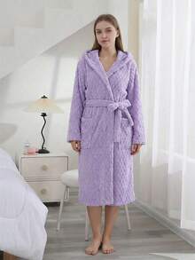 1PC Coral Fleece Hooded Women's Bathrobe 3D Turtle Shell Texture Soft Absorbent Belted Loungewear Winter-Spring Spa Wellness Home Lounge Bath & Dressing Gown Valentine's Gift For Birthday Wedding Anniversary Perfect For Her Multi-Colors Available - Multicolor - View 17