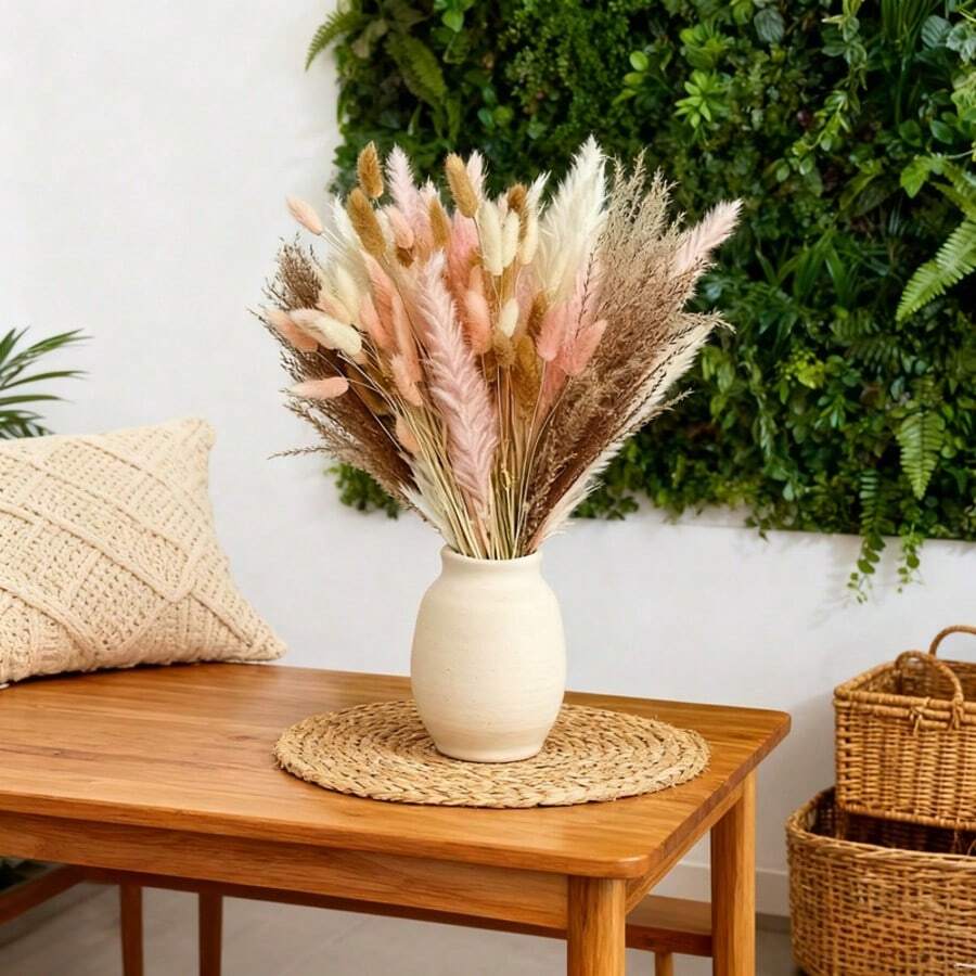 67pcs Dried Pampas Grass Bouquet - White, Brown And Pink Pampas, Bohemian Home Decor - Ideal For Indoor And Outdoor Use, Perfect For Valentine's Day, Easter, Mother's Day, Weddings, Outdoor Gardens, Spring Dining Table Centerpiece
