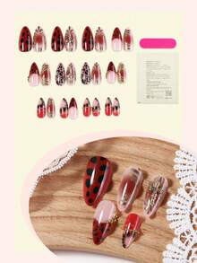 Bộ 24 miếng dán móng tay acrylic màu đỏ Pháp, hình dáng hạnh nhân cỡ trung bình, họa tiết đường kẻ vàng 3D, họa tiết da báo, thiết kế thánh giá pha lê, phong cách cổ điển Y2K, bề mặt mịn, móng giả che phủ toàn bộ, phù hợp cho phụ nữ và bé gái sử dụng hàng ngày. - Nhiều màu - Xem 2