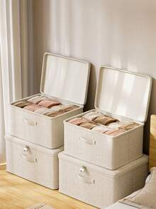 1pc Large Capacity Wardrobe Storage Box, For Clothes, Bedding, And Stationery Organization, With Lid Linen Collapsible Closet Storage Box - Beige - View 1